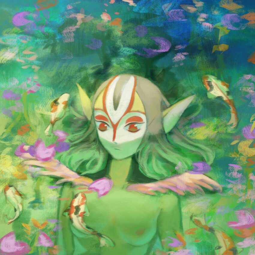 afloat ao_no_roku-gou colored_skin facial_mark fish fish_girl forehead_mark grey_hair highres in_water koi koitotwt lake looking_at_animal monster_girl multicolored_hair multicolored_skin mutio nude pointy_ears red_eyes yellow_skin