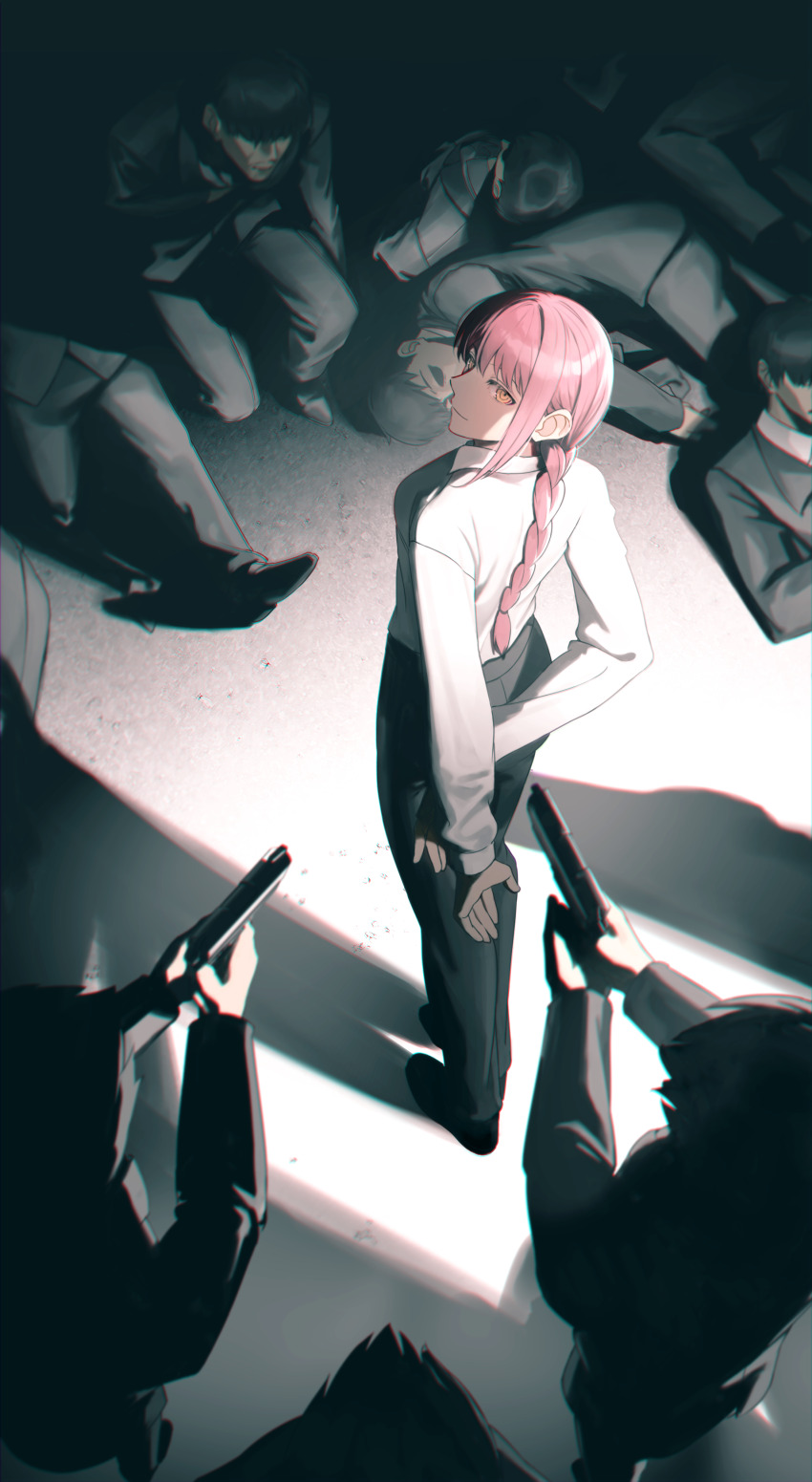 1girl 6+boys absurdres aiming arms_behind_back at_gunpoint black_hair black_jacket black_pants black_shoes black_suit braid braided_ponytail breasts chainsaw_man closed_mouth collared_shirt faceless faceless_male formal_clothes from_behind gun handgun highres jacket kneeling long_hair looking_at_viewer looking_back lying makima_(chainsaw_man) maple_linf multiple_boys on_back on_stomach pants red_hair ringed_eyes shirt shoes short_hair sidelocks smile solo_focus standing suit weapon white_shirt yellow_eyes