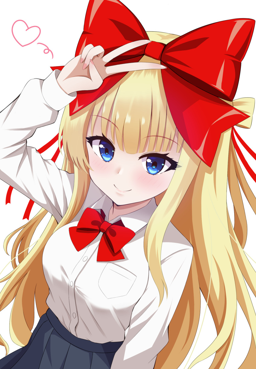 1girl beatmania_iidx bemani black_skirt blonde_hair blue_eyes bow bowtie breast_pocket breasts closed_mouth collared_shirt commentary_request hair_bow heart highres himmel_(beatmania) large_bow large_breasts long_hair long_sleeves looking_at_viewer pocket raimu_(clanberry000) red_bow red_bowtie school_uniform shirt shirt_tucked_in simple_background skirt smile solo v v_over_head white_background white_shirt