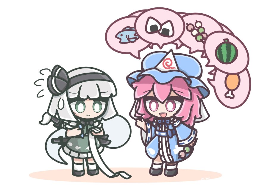 2girls black_hairband black_shoes blue_hat blue_kimono bright_pupils chibi chicken_(food) commentary dango english_commentary fish flying_sweatdrops food fruit full_body ghost green_eyes grey_hair hairband hat highres japanese_clothes kimono konpaku_youmu konpaku_youmu_(ghost) looking_at_another mob_cap multiple_girls multiple_swords onigiri pink_eyes pink_hair saigyouji_yuyuko shoes short_hair simple_background socks speech_bubble standing touhou wagashi watermelon white_background white_pupils white_socks yoriyori