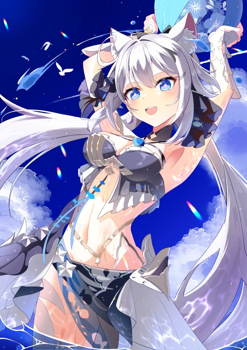 1girl ahoge animal_ear_fluff animal_ears armpits arms_up ball bird blue_eyes blue_sky breasts cat_ears cloud cloudy_sky eight_(eight3rd1) highres holding holding_ball honkai_(series) honkai_impact_3rd in_water kiana_kaslana kiana_kaslana_(herrscher_of_finality) long_hair looking_at_viewer medium_breasts navel official_art open_mouth outdoors sky solo standing star-shaped_pupils star_(symbol) summer symbol-shaped_pupils teeth upper_body upper_teeth_only very_long_hair white_bird white_hair