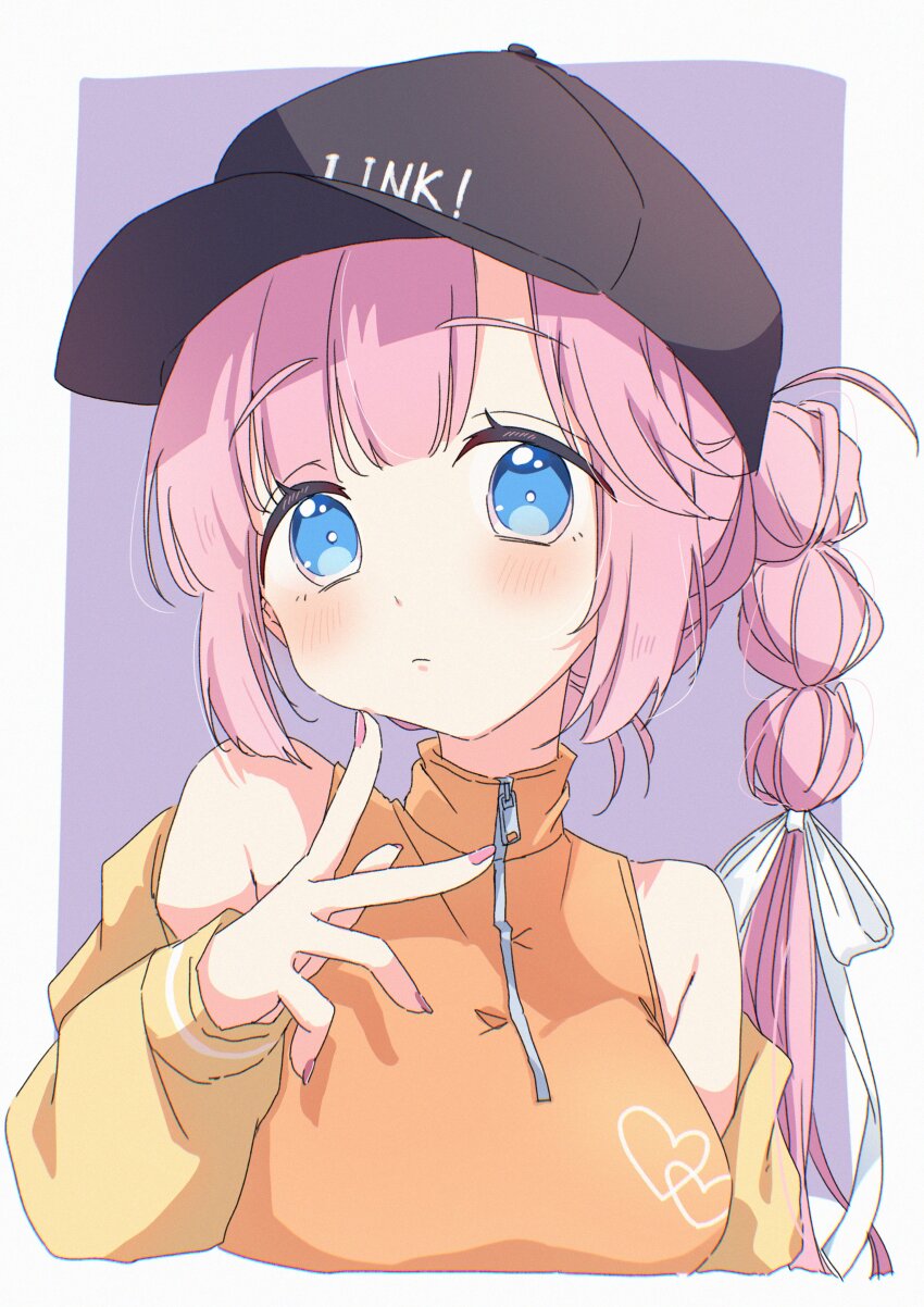 1girl absurdres ahoge anyoji_hime armpit_crease bare_shoulders baseball_cap black_hat blue_eyes blunt_bangs blush border breasts closed_mouth cropped_torso don_quijote_(store) hair_ribbon hand_up hashtag-only_commentary hat highres jacket link!_like!_love_live! long_hair long_sleeves looking_at_viewer love_live! medium_breasts multi-tied_hair off_shoulder official_alternate_costume open_clothes open_jacket orange_shirt outside_border pink_hair ponytail purple_background ribbon shiino_nome shirt sidelocks simple_background sleeveless sleeveless_shirt solo upper_body virtual_youtuber white_border white_ribbon yellow_jacket
