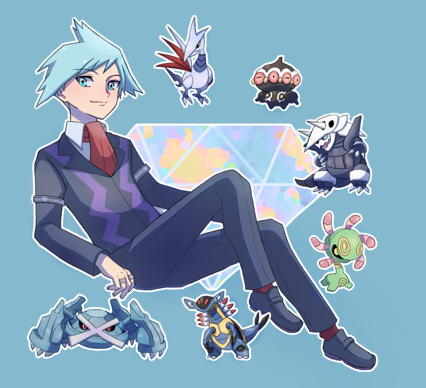 1boy aggron armaldo armlet black_footwear black_pants blue_eyes blue_hair claydol closed_mouth collared_shirt commentary_request cradily gen_2_pokemon gen_3_pokemon haruki_sparsa jacket jewelry long_sleeves male_focus metagross necktie nintendo pants pokemon pokemon_(creature) pokemon_rse red_necktie red_socks ring shirt shoes short_hair skarmory smile socks steven_stone