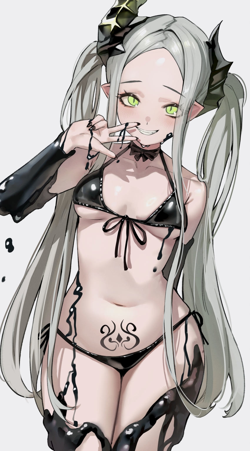 1girl absurdres bikini black_bikini black_horns black_liquid black_nails breasts fangs forehead goddess_of_victory:_nikke green_eyes grey_hair highres horns jindogod leviathan_(nikke) long_hair looking_at_viewer medium_breasts pointy_ears pubic_tattoo simple_background smile swimsuit tattoo thick_thighs thighs twintails w white_background