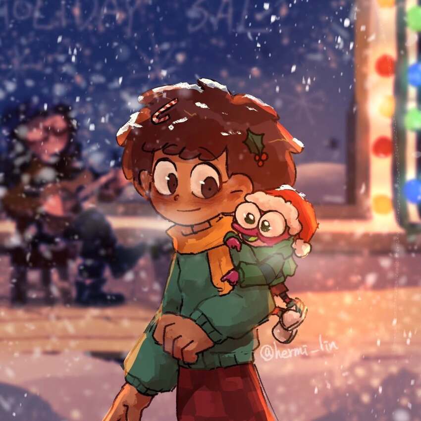 1girl 1other amphibia anne_boonchuy breath brown_eyes brown_hair dark-skinned_female dark_skin frog_boy green_sweater hat hermi long_sleeves looking_at_another mistletoe_hair_ornament outdoors red_skirt santa_hat scarf short_hair signature skirt smile snowing sprig_plantar sweater winter yellow_scarf