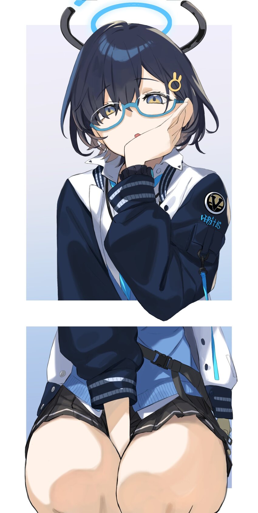 1girl absurdres arm_between_legs black_skirt blue_archive blue_hair blue_vest border chihiro_(blue_archive) dark_blue_hair feet_out_of_frame ganesagi glasses gradient_background hair_ornament halo hand_on_own_cheek hand_on_own_face head_rest highres jacket looking_at_viewer miniskirt pleated_skirt rabbit_hair_ornament semi-rimless_eyewear simple_background skirt solo thighs track_jacket under-rim_eyewear vest white_border