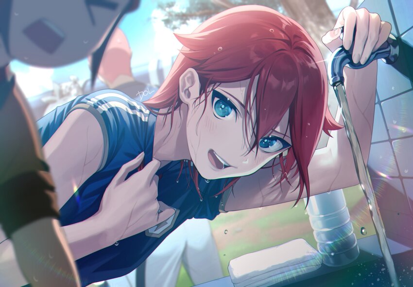 4boys absurdres blue_eyes blue_shirt blush bottle dolustoy endou_mamoru fubuki_shirou highres inazuma_eleven_(series) inazuma_japan kiyama_hiroto looking_at_viewer male_focus multiple_boys open_mouth red_hair shirt shorts soccer_uniform solo_focus someoka_ryuugo sportswear tiles towel tree water water_bottle wet wet_hair white_shorts