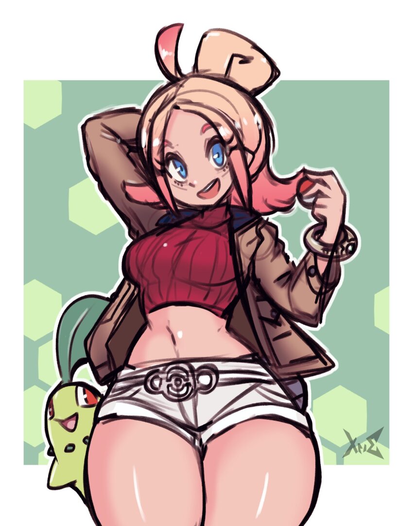 1girl blonde_hair blue_eyes breasts brown_jacket chikorita crop_top forehead game_freak gen_2_pokemon gradient_hair highres jacket long_sleeves mismatched_eyebrows multicolored_hair navel nintendo pink_eyebrows pink_hair pokemon pokemon_legends:_z-a sketch taunie_(pokemon) thick_thighs thighs turtleneck two-tone_hair wide_hips xpisigma