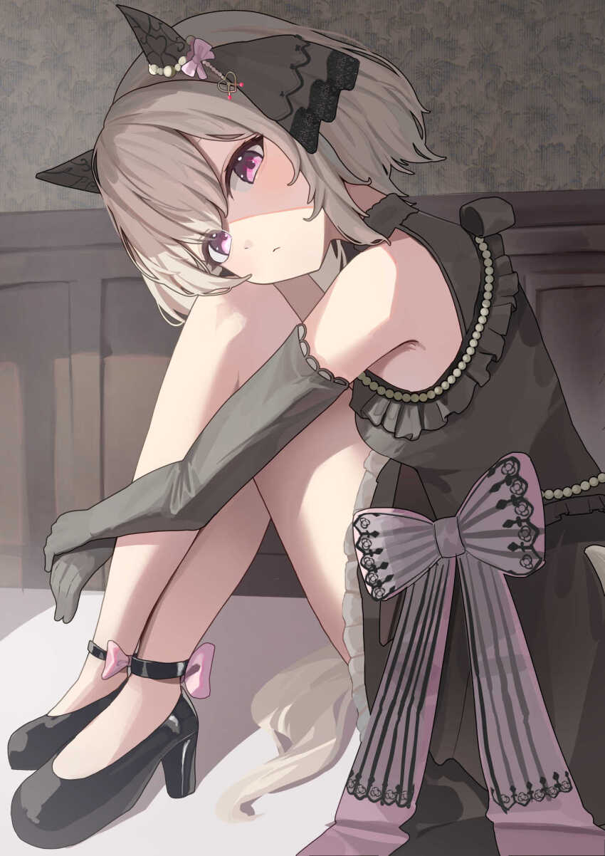 1girl :/ alternate_costume animal_ears black_dress black_gloves black_shoes closed_mouth commentary_request curren_chan_(sakutsuki_ma_cherie)_(umamusume) curren_chan_(umamusume) dress elbow_gloves frilled_dress frills from_side gloves grey_hair guree_(haiiro) high_heels highres horse_ears horse_girl horse_tail indoors looking_at_viewer purple_eyes shoes short_hair solo tail umamusume