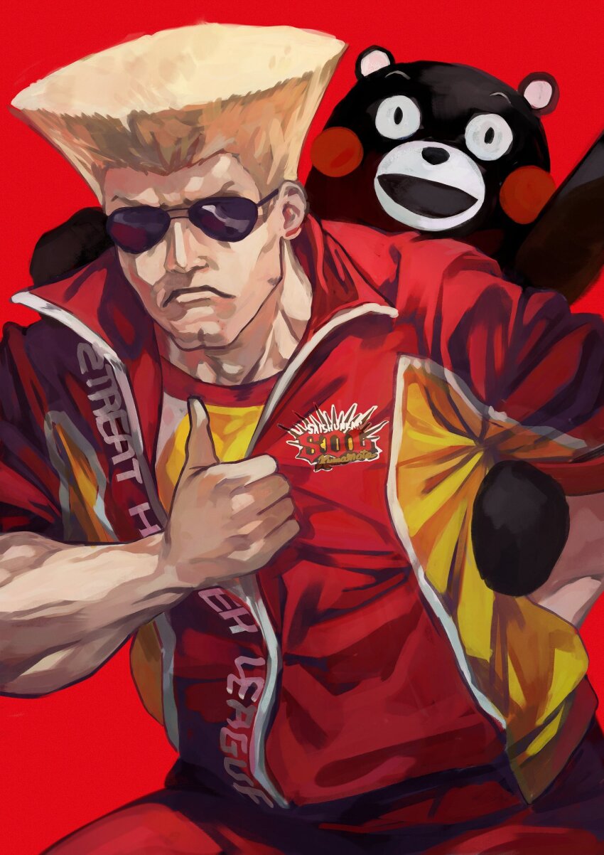 1boy bear blonde_hair closed_mouth guile highres jacket kumamon looking_at_viewer male_focus multicolored_jacket muscular muscular_male otsudou pants red_background red_jacket red_pants short_hair simple_background sportswear street_fighter street_fighter_6 sunglasses thumbs_up two-tone_jacket yellow_jacket