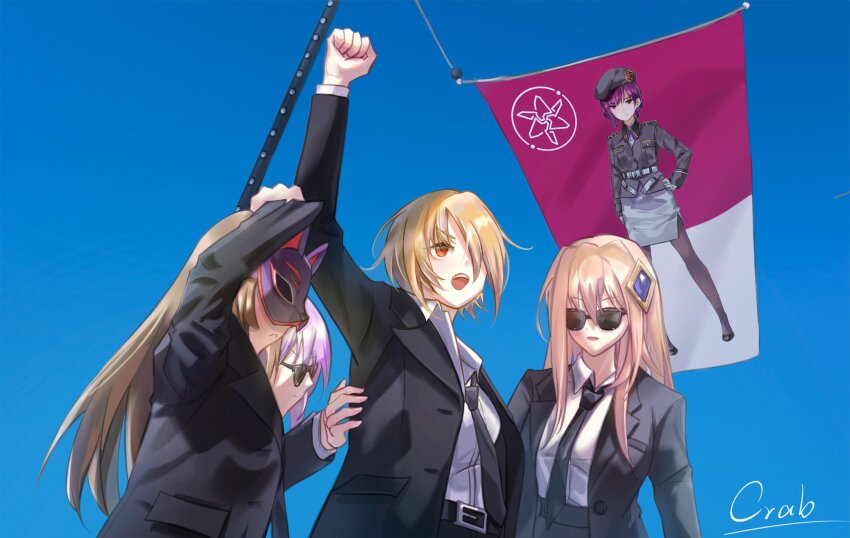 2024_attempted_assassination_of_donald_trump 4girls :&lt; absurdres alternate_costume arm_up belt bespectacled black_belt black_necktie black_suit blonde_hair blue_background brown_hair character_print clenched_hand closed_mouth collared_shirt commentary_request eatthatcrab facing_another fist_pump flag formal_clothes fox_mask glasses heaven_burns_red highres kayamori_ruka kiryuu_miya long_hair long_sleeves looking_ahead mask multiple_girls necktie open_mouth parody purple_hair red_eyes shirakawa_yuina shirt short_hair signature simple_background straight_hair suit sunglasses teeth tezuka_saki tsukishiro_monaka upper_body upper_teeth_only v-shaped_eyebrows white_shirt