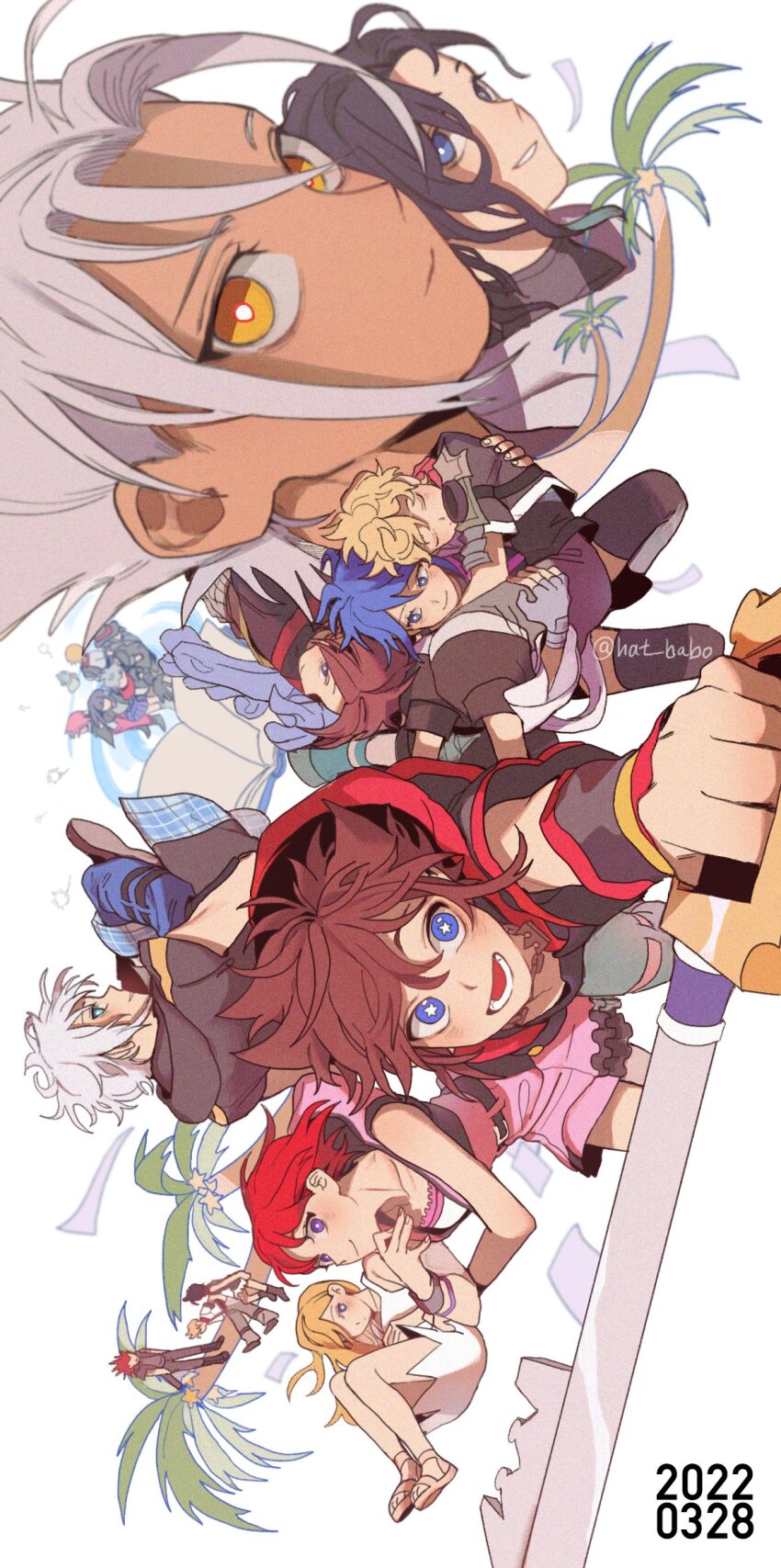 aqua_(kingdom_hearts) axel_(kingdom_hearts) black_hair blonde_hair blue_eyes blue_hair blush book brain_(kingdom_hearts) brown_hair chirithy closed_eyes closed_mouth commentary dark_skin dated dress english_commentary ephemer_(kingdom_hearts) eraqus grey_hair hat_babo highres kairi_(kingdom_hearts) keyblade kingdom_hearts kingdom_hearts_dark_road kingdom_hearts_x lauriam multiple_boys multiple_girls namine open_book open_mouth orange_eyes palm_tree red_hair riku_(kingdom_hearts) roxas shirt skuld_(kingdom_hearts) sora_(kingdom_hearts) terra_(kingdom_hearts) tree ventus_(kingdom_hearts) xehanort xion_(kingdom_hearts)