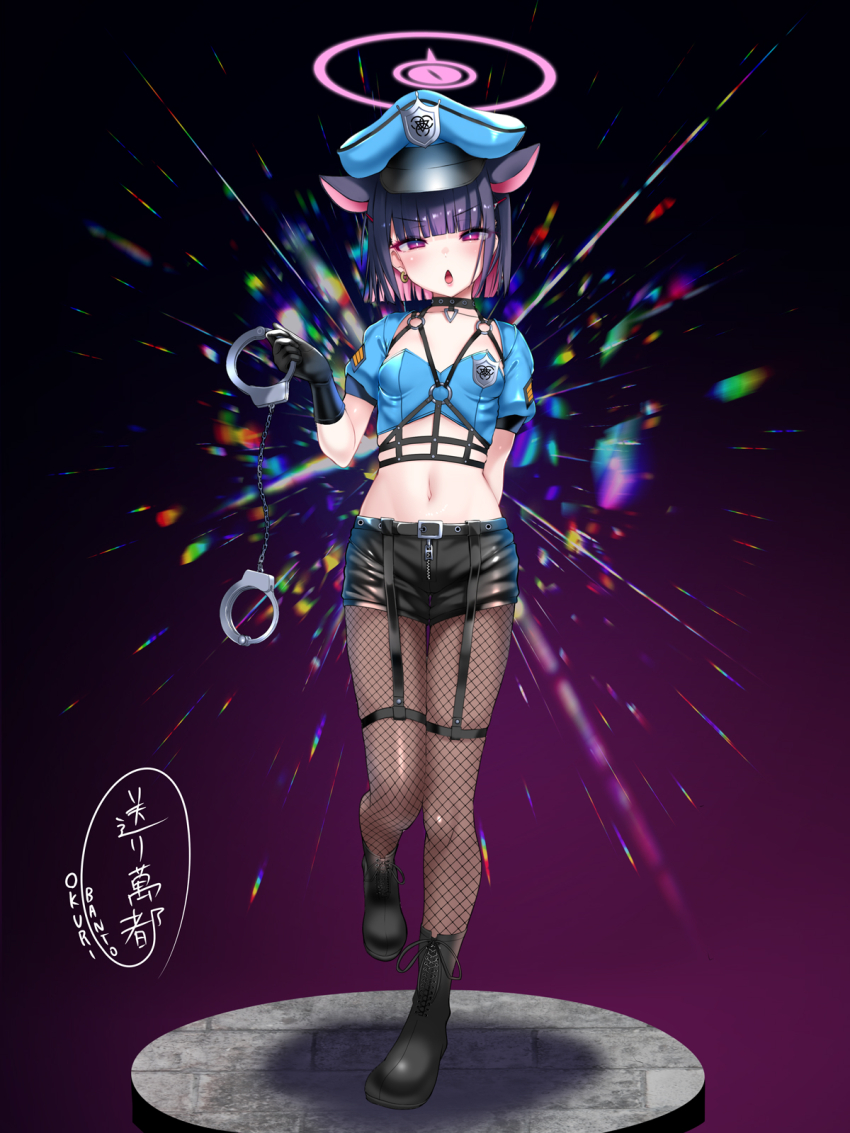 1girl animal_ears black_boots black_collar black_gloves black_shorts blue_archive blue_jacket boots breasts brown_hair collar colored_inner_hair cropped_jacket cuffs earrings eyebrows_hidden_by_hair fishnet_thighhighs fishnets full_body garter_belt gloves halo handcuffs hat highres holding holding_handcuffs jacket jewelry kazusa_(blue_archive) lace-up_boots looking_at_viewer midriff multicolored_hair navel okuri_banto open_mouth pantyhose pink_hair police police_hat police_uniform policewoman purple_background purple_eyes purple_halo short_hair shorts signature single_earring small_breasts solo standing standing_on_one_leg thighhighs