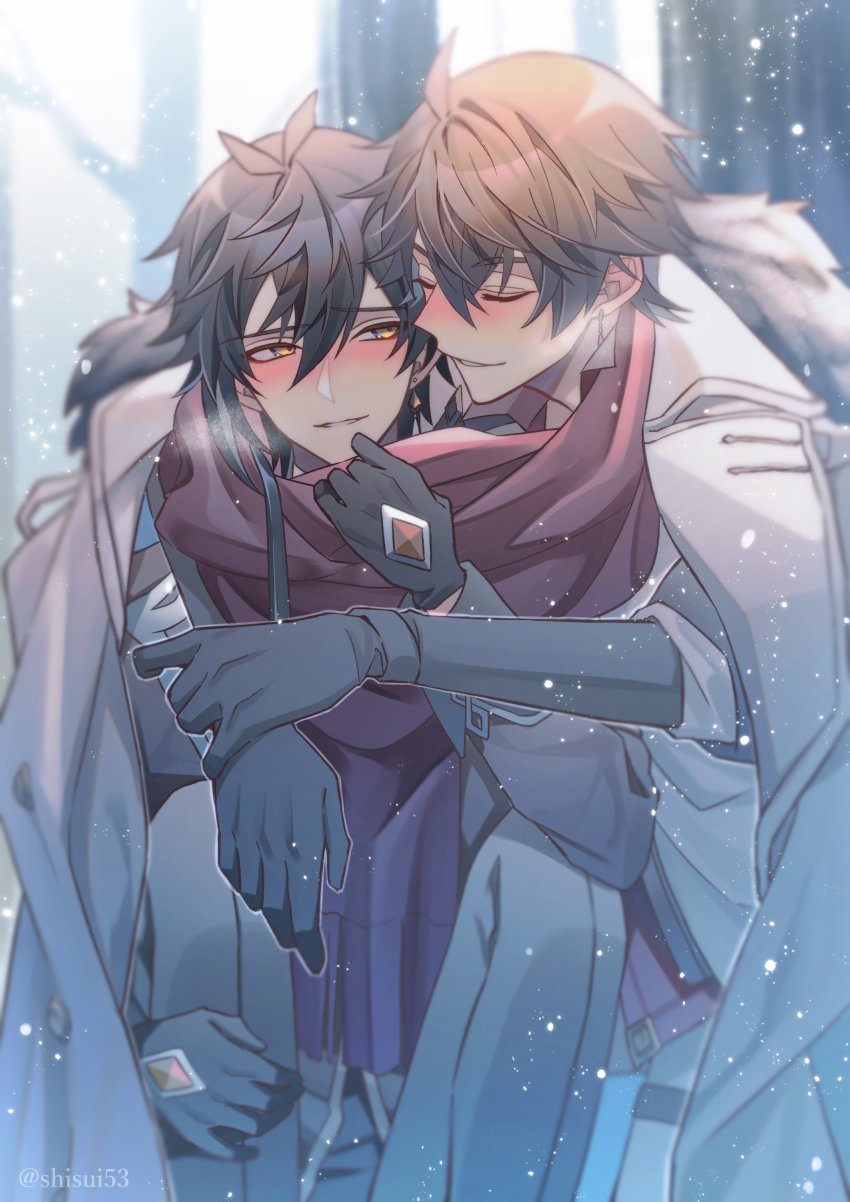 2boys absurdres ahoge blue_eyes blush zhongli_(genshin_impact) breath brown_hair closed_eyes cold couple genshin_impact gradient_hair hair_between_eyes highres hug long_hair male_focus multicolored_hair multiple_boys ponytail red_scarf scarf shared_clothes shared_scarf shisui53 short_hair snowing tartaglia_(genshin_impact) tree winter_clothes yaoi yellow_eyes zhongli_(genshin_impact)