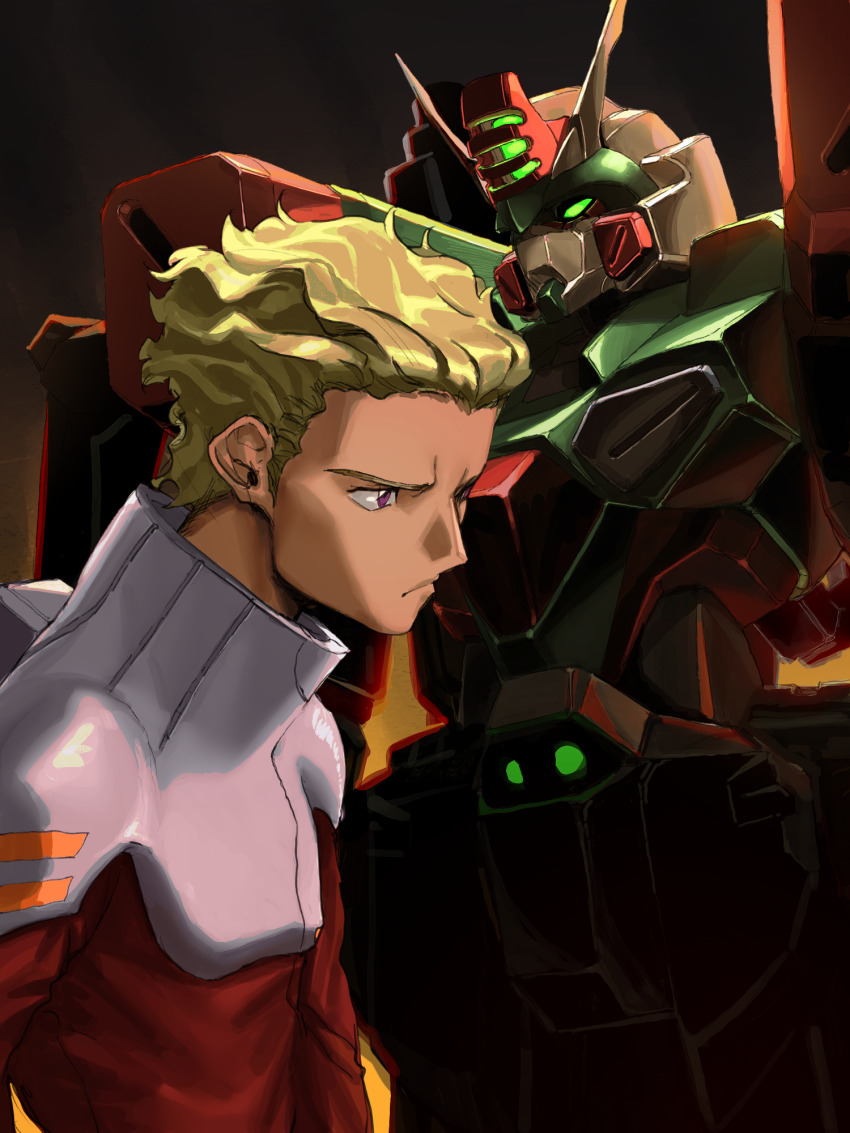 1boy bad_id bad_pixiv_id black_background blonde_hair brown_eyes buster_gundam dark-skinned_male dark_skin dearka_elsman frown green_eyes gundam gundam_seed hair_behind_ear highres male_focus mecha mecha_pilot_suit normal_suit_(gundam) orrdriver pilot_suit robot v-fin v-shaped_eyebrows