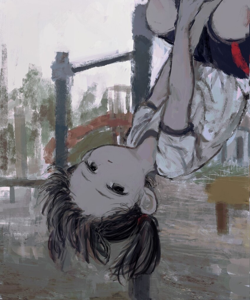 1girl absurdres arikomen black_hair blue_shorts building day forehead grey_eyes gym_shirt gym_shorts gym_uniform highres horizontal_bar original outdoors parted_lips puffy_short_sleeves puffy_sleeves shirt short_sleeves short_twintails shorts solo twintails upside-down white_shirt