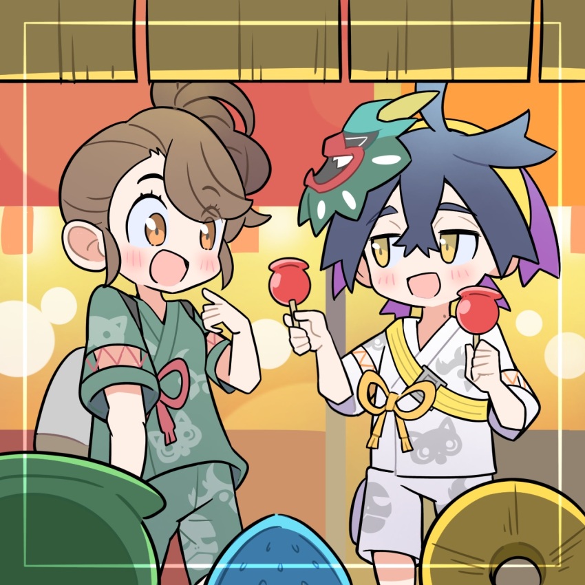 1boy 1girl black_hair blush brown_hair candy_apple chibi crossed_bangs food hairband highres holding holding_candy_apple holding_food japanese_clothes juliana_(pokemon) kieran_(pokemon) mask mask_on_head mole mole_on_neck multicolored_hair nintendo open_mouth orange_eyes pointing pointing_at_self pokemon pokemon_sv purple_hair rgurei0529 short_sleeves yellow_eyes yellow_hairband