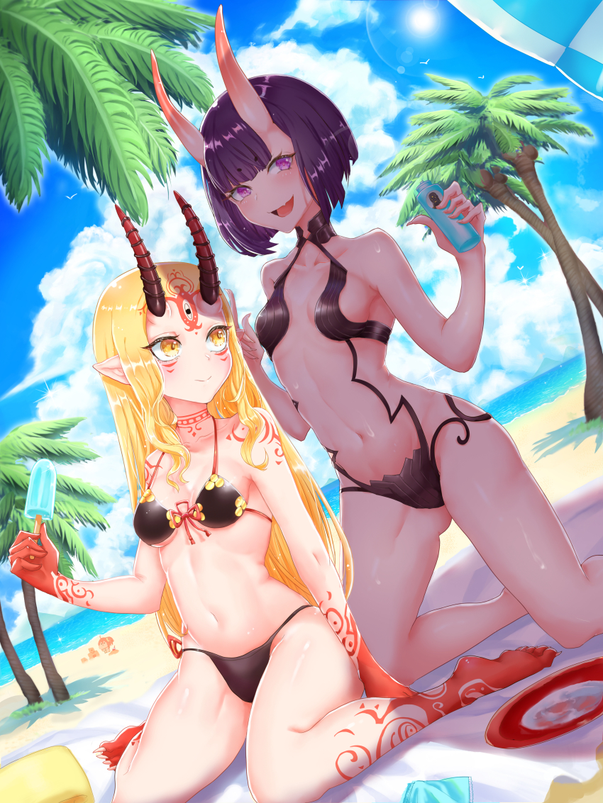 3girls absurdres armpit_peek bare_shoulders beach bikini bird black_bikini blonde_hair bob_cut breasts collarbone darius_iii_(fate) facial_mark fang fate/grand_order fate_(series) fingernails food forehead_mark fujimaru_ritsuka_(female) highres holding holding_food holding_popsicle horns ibaraki_douji_(fate) kneeling long_hair lotion multiple_girls navel oni open_mouth palm_tree pointy_ears popsicle purple_eyes purple_hair qisaiman red_ribbon revealing_clothes ribbon sand_castle sand_sculpture sharp_fingernails sharp_toenails short_hair shoulder_tattoo shuten_douji_(fate) skin-covered_horns skin_fang small_breasts smile sunscreen swimsuit tattoo toenails tree yellow_eyes