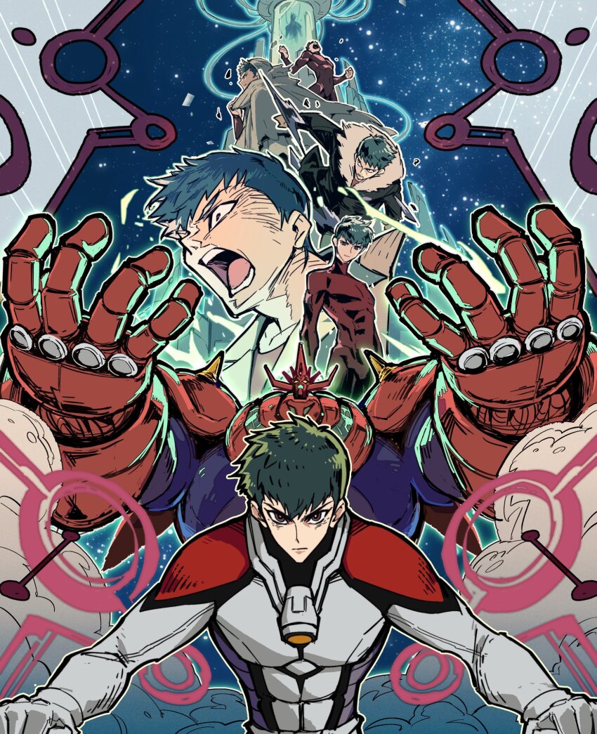 1boy 1other armor black_jacket blue_armor bodysuit brown_cloak cloak cloud facing_viewer fur_collar getter_dragon getter_rays getter_robo glowing glowing_eyes gou_saotome green_light hanahiyo_(hoimin) highres hood hooded_cloak horns jacket light_frown light_particles light_smile male_focus mecha multicolored_bodysuit open_mouth outline pilot_suit red_armor red_bodysuit red_eyes reflective_surface robot science_fiction scowl shin_getter_robo shoulder_spikes shouting sky smoke solo_focus space spikes star_(sky) starry_sky super_robot torn_cloak torn_clothes tube white_bodysuit white_outline wire yellow_eyes