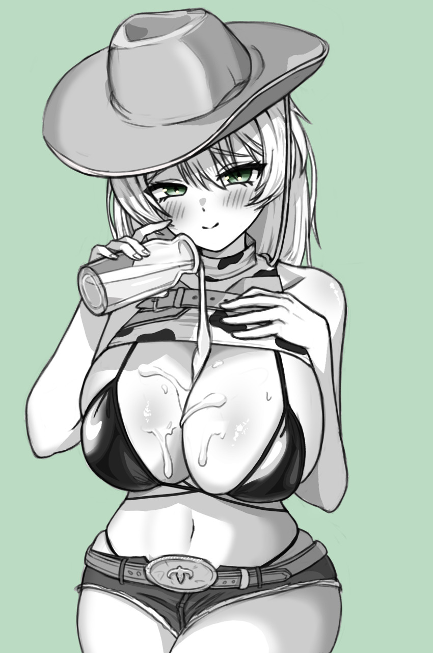 1girl absurdres azur_lane bikini bikini_top_only black_bikini blush bottle breasts cleavage closed_mouth cowboy_hat denim denim_shorts fargo_(azur_lane) fargo_(dairy_in_the_dreary_sun)_(azur_lane) green_background green_eyes hat highres holding holding_bottle huge_breasts long_hair long_sleeves milk_bottle navel official_alternate_costume pitza shorts simple_background skindentation smile solo spilled_milk stomach swimsuit