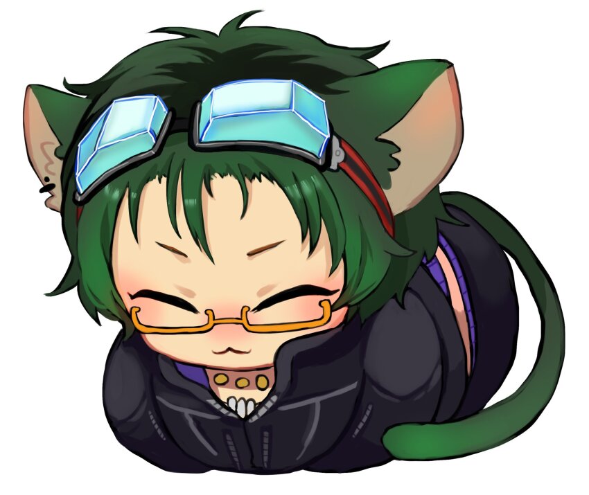 1boy animal_ears black_hair cat_ears chibi full_body glasses gnosia goggles green_hair highres jacket jewelry koyuuuuuuuuuuu long_sleeves looking_at_viewer male_focus navel necklace sha-ming shirt short_hair smile solo tail