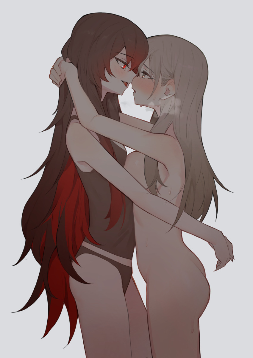 2girls absurdres arms_around_neck black_camisole black_panties breast_press breasts brown_hair camisole clothed_female_nude_female colored_inner_hair commentary_request completely_nude eye_contact fang from_side grey_background grey_eyes highres large_breasts long_hair looking_at_another multicolored_hair multiple_girls nago_nago nude open_mouth original panties profile red_eyes red_hair simple_background sweat tongue tongue_out underwear yuri