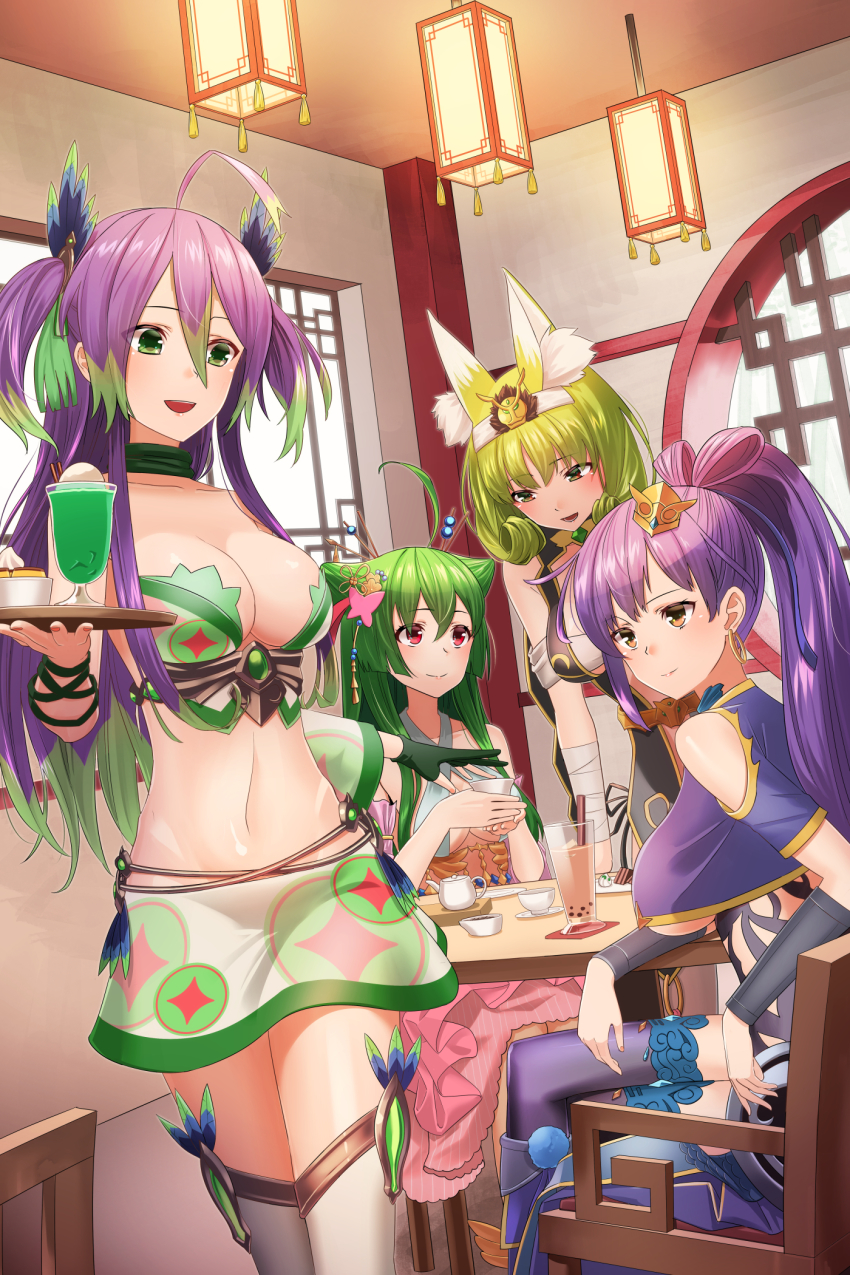 4girls :d ahoge animal_ear_fluff animal_ears bad_id bad_pixiv_id bare_shoulders breasts brown_eyes chair choker cleavage closed_mouth clothing_cutout collarbone commentary_request cone_hair_bun cowboy_shot crop_top crop_top_overhang cup day drinking_glass earrings food fox_ears fujimo_ruru gauntlets green_eyes green_hair green_ribbon groin hair_between_eyes hair_bun hair_ears hair_ornament hair_ribbon halterneck headband highres holding holding_tray hoop_earrings houchi_shoujo hurricane_glass indoors jewelry lantern large_breasts long_hair looking_at_another midriff miniskirt multicolored_hair multiple_girls navel open_mouth paper_lantern pastry ponytail purple_hair purple_legwear red_eyes ribbon shoulder_cutout sidelocks sitting skirt smile smoothie standing table teacup teapot thighhighs tray two-tone_hair two_side_up white_legwear wrist_ribbon zettai_ryouiki