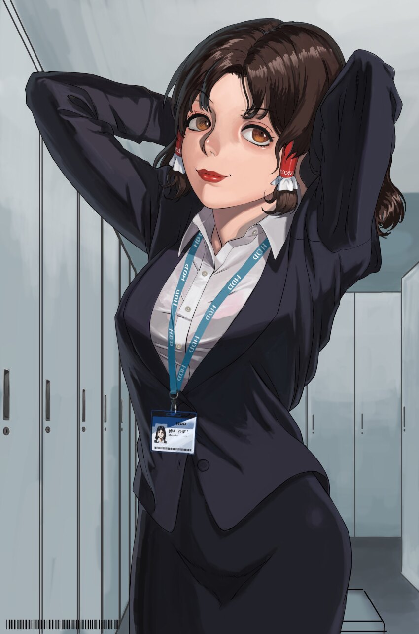 1girl absurdres bad_id bad_nicoseiga_id black_jacket black_skirt blazer breasts brown_eyes brown_hair closed_mouth collared_shirt commentary_request cookie_(touhou) cowboy_shot frilled_hair_tubes frills hair_tubes hakurei_reimu hands_in_hair highres id_card indoors jacket lanyard lipstick locker locker_room looking_at_viewer makeup medium_breasts medium_hair office_lady parted_bangs pen sananana_(cookie) shirt skirt smile solo touhou wankosoba_(wanko1263) white_shirt