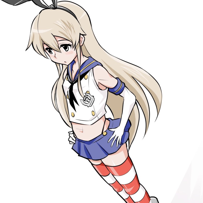 1girl anchor_hair_ornament animal_ears blonde_hair breasts commentary_request crop_top elbow_gloves fake_animal_ears female_focus from_above gloves hair_between_eyes hair_ornament hairband hands_on_own_hips highres inoue_kousei kantai_collection long_hair microskirt midriff navel pleated_skirt rabbit_ears school_uniform serafuku shimakaze_(kancolle) shirt sidelocks skirt sleeveless sleeveless_shirt small_breasts solo standing striped_clothes striped_thighhighs thighhighs white_background yellow_eyes