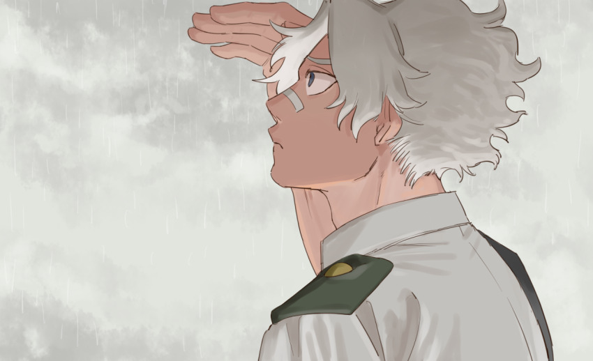 1boy adam&#039;s_apple blue_eyes boku_no_hero_academia from_side frown looking_afar loud_cloud male_focus overcast rain rnuyvm school_uniform shirt short_hair sky solo u.a._school_uniform upper_body white_hair white_shirt
