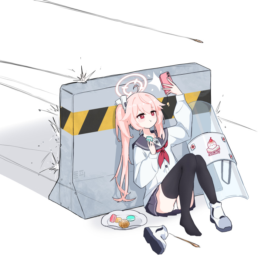 1girl 2_pycat :t absurdres ahoge arm_up ballistic_shield black_sailor_collar black_skirt black_thighhighs blue_archive blush_stickers boots bright_pupils bullet bullet_hole cardigan cellphone closed_mouth commentary cookie eating english_commentary english_text engrish_commentary food full_body hair_between_eyes halo hand_up highres holding holding_food holding_phone knees_together_feet_apart knees_up korean_commentary long_hair long_sleeves looking_at_phone macaron miniskirt mixed-language_commentary motion_lines natsu_(blue_archive) necktie panties phone pink_hair pink_halo pleated_skirt red_eyes red_necktie sailor_collar school_uniform serafuku shield side_ponytail sidelocks simple_background single_boot sitting skirt smartphone solo taking_picture thighhighs thighs traffic_barrier underwear very_long_hair white_background white_boots white_cardigan white_panties white_pupils zettai_ryouiki