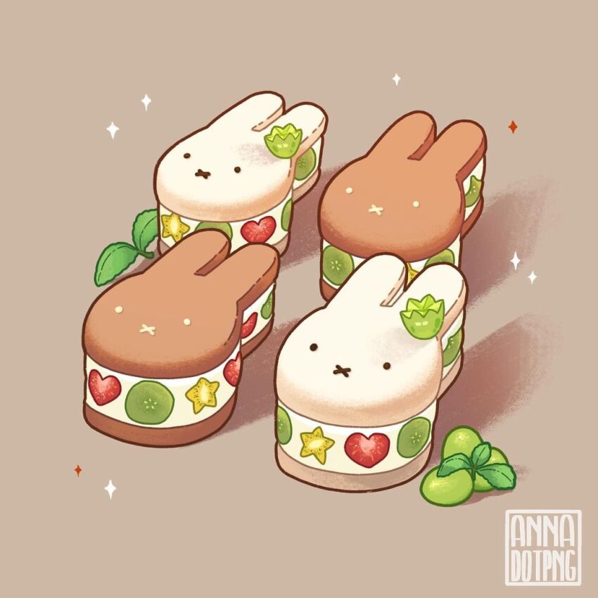 animal-themed_food annadotpng artist_name brown_background commentary english_commentary food food_focus fruit heart ice_cream ice_cream_sandwich kiwi_(fruit) kiwi_slice leaf no_humans original rabbit shadow sparkle starfruit strawberry strawberry_slice watermark