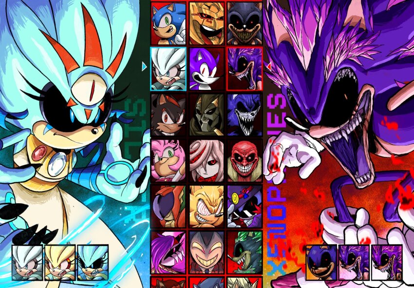 5girls 6+boys amy_rose angry black_sclera blue_eyes character_name character_select claws colored_sclera dr._eggman enerjak_(sonic) exe_(revie) faker_(revie) fangs fleetway_super_sonic green_eyes highres im_lazy_sheck_lol knuckles_the_echidna looking_at_viewer lord_x_(sonic.exe) mask mr._needlemouse multiple_boys multiple_girls open_mouth red_eyes sage_(sonic) sarah_henderson_(needlemouse) shadow_the_hedgehog smile sonic.exe sonic:_execution_(comic) sonic_(series) sonic_boom_(series) sonic_the_comic sonic_the_hedgehog sonic_the_hedgehog_(archie_comics) starved_(sonic.exe) sunglasses super_sonic teeth the_revenant_(sonic:_execution) xenophanes_(sonic.exe) xerophanes_(sonic.exe) yellow_eyes zonic_the_zone_cop