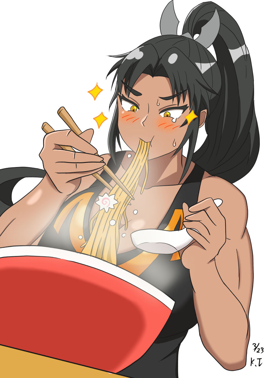 1girl absurdres breasts dark-skinned_female dark_skin eating highres large_breasts long_hair mirabell_bell taimanin_(series) taimanin_asagi_kessen_arena