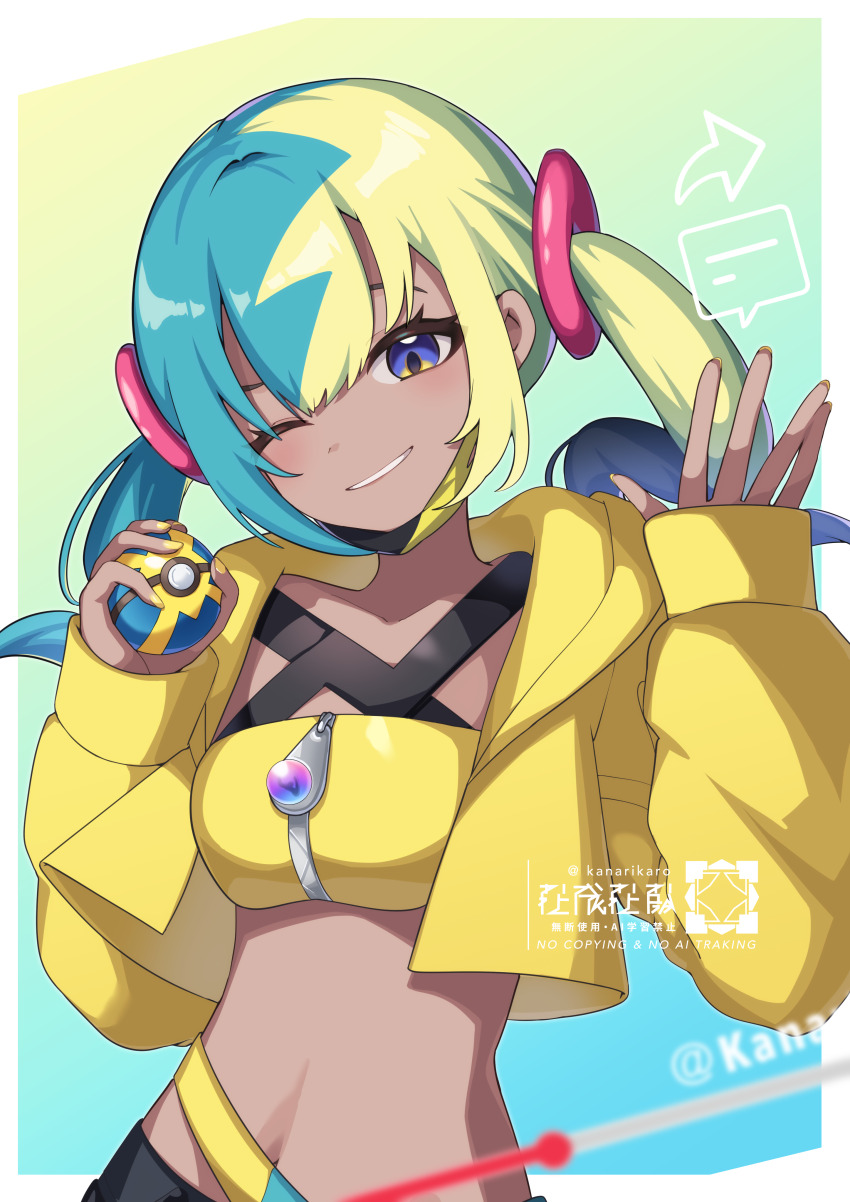 1girl absurdres bandeau blue_eyes canari_(pokemon) commentary_request cropped_jacket eyelashes grin hands_up happy highres holding holding_poke_ball jacket kanarikaro long_sleeves nail_polish navel nintendo one_eye_closed open_clothes open_jacket poke_ball pokemon pokemon_legends:_z-a quick_ball smile solo teeth twintails upper_body watermark yellow_bandeau yellow_jacket yellow_nails zipper zipper_pull_tab