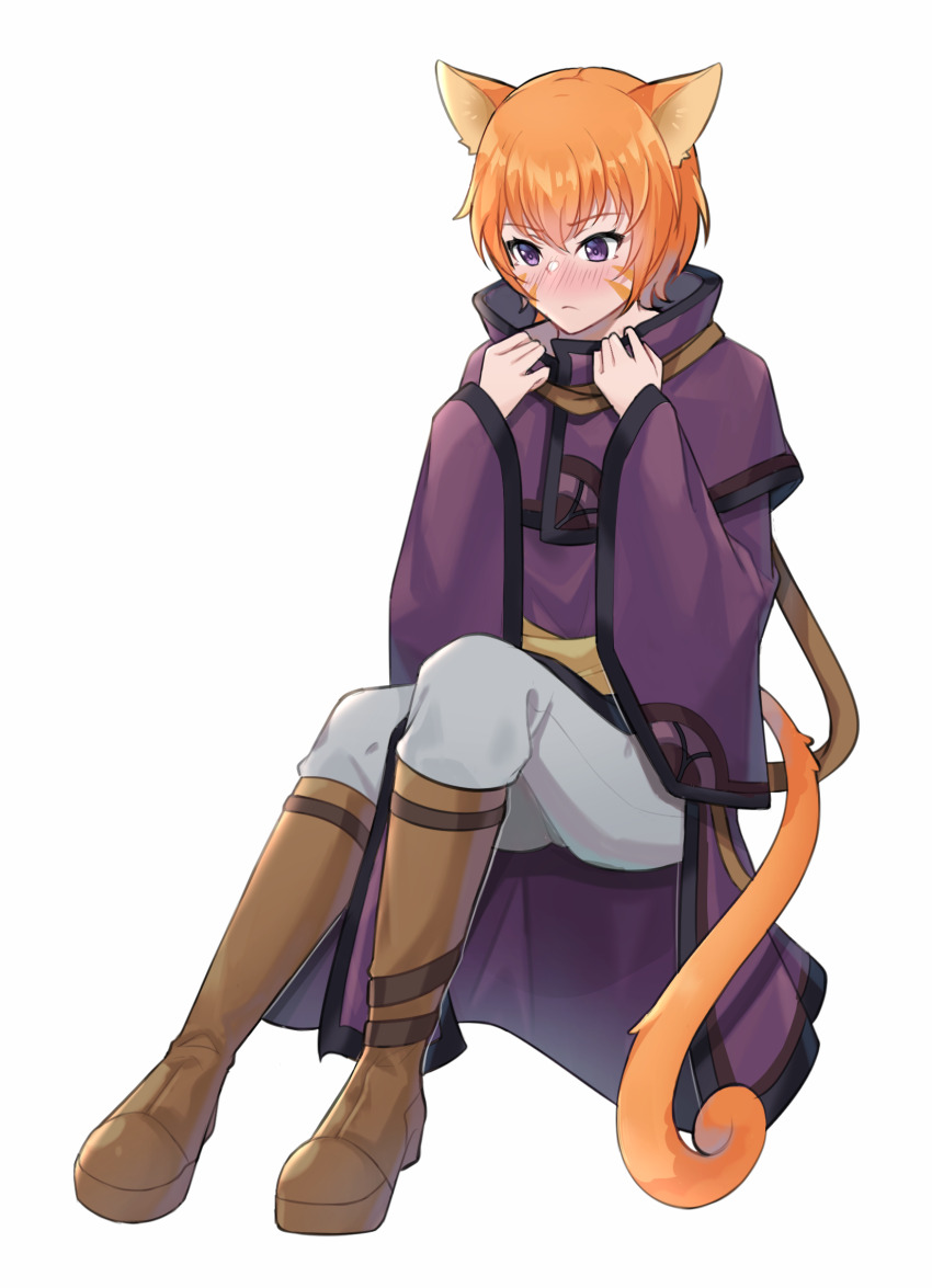1girl alternate_costume animal_ears bad_source blush boots cat_ears cat_girl cat_tail closed_mouth collar commission commissioner_upload facepaint fire_emblem fire_emblem:_path_of_radiance fire_emblem:_radiant_dawn highres holding holding_collar lethe_(fire_emblem) nintendo orange_hair purple_eyes purple_robe robe short_hair sitting solo tail white_background witchi