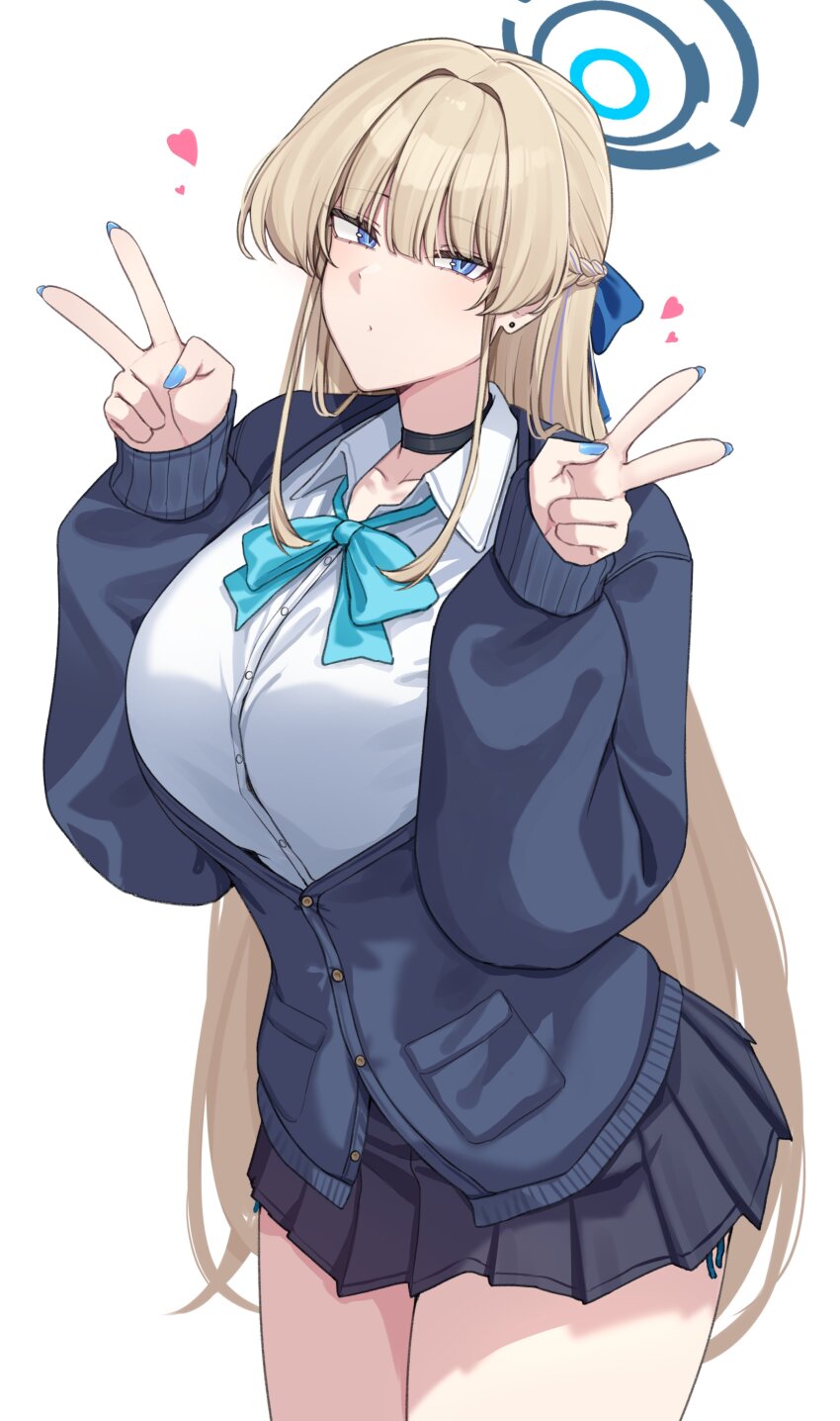 1girl absurdres ant_k blonde_hair blue_archive blue_eyes blue_jacket blue_skirt blush bow bowtie braid breasts choker collared_shirt halo highres jacket large_breasts long_hair long_sleeves looking_at_viewer shirt skirt solo thighs toki_(blue_archive) toki_(school_uniform)_(blue_archive) white_shirt