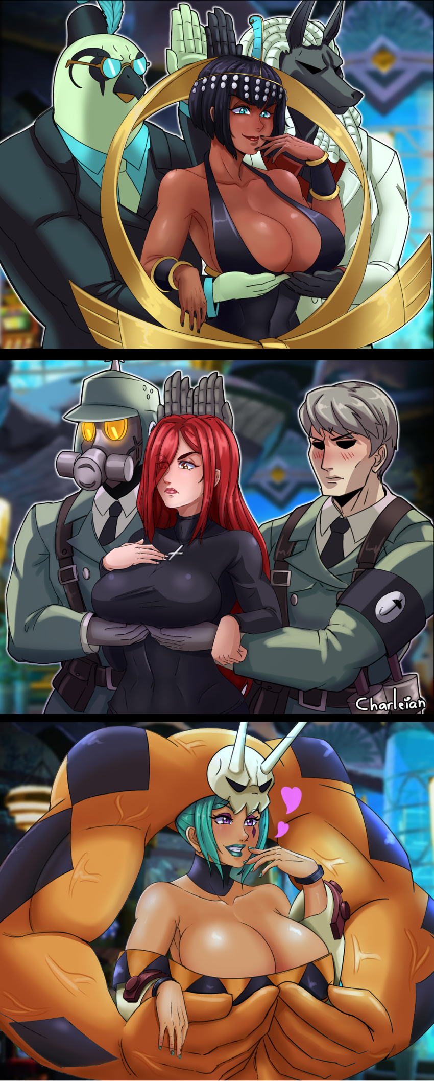 3girls 4boys absurdres adam_kapowski albus_(skullgirls) armband black_egrets black_hair blue_eyes breasts cerebella_(skullgirls) charleian circlet cleavage collarbone dark-skinned_female dark_skin detached_collar dress eliza_(skullgirls) finger_to_mouth green_hair green_lips green_nails grey_hair grin hair_over_one_eye hand_on_own_chest hat helmet highres horace_(skullgirls) large_breasts long_hair meme multiple_boys multiple_girls nail_polish parasoul_(skullgirls) red_hair red_lips servants_holding_aphrodite&#039;s_breasts_(meme) shaded_face shaded_face short_dress short_hair shuumatsu_no_valkyrie skullgirls smile soldier sweater turtleneck turtleneck_sweater upper_body vambraces veins vice-versa_(skullgirls) yellow_eyes