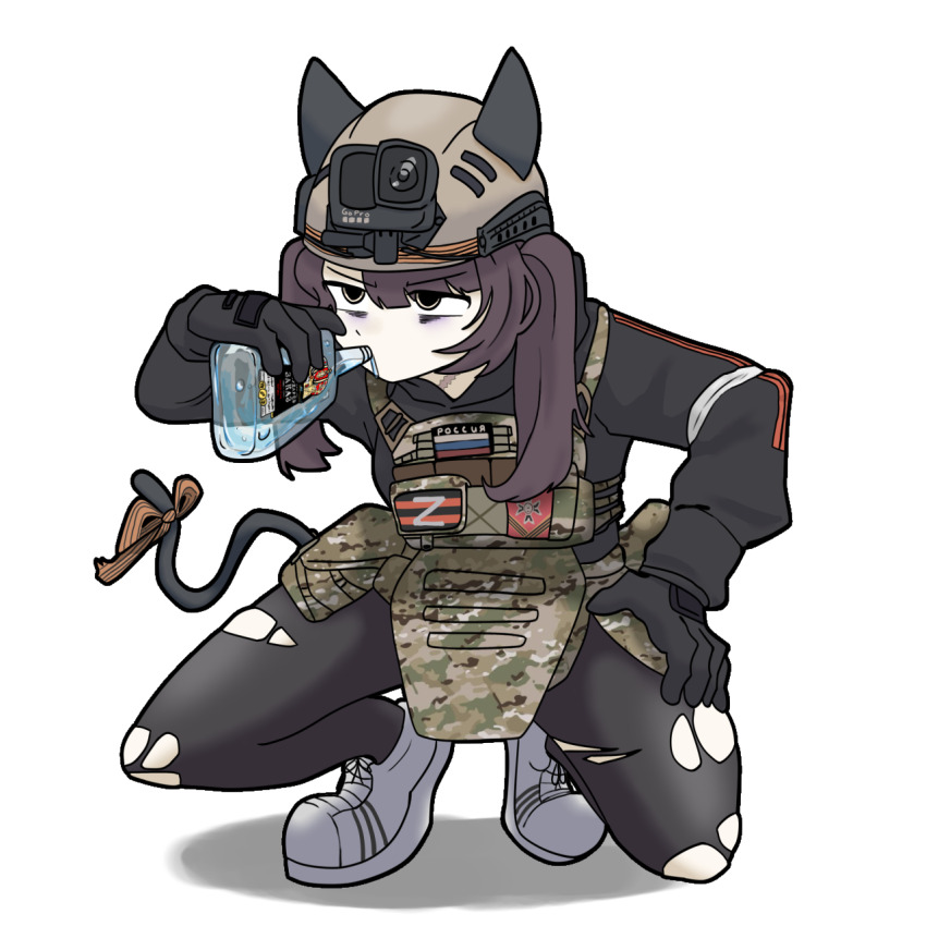 1girl action_camera alcohol animal_ears borrowed_character bulletproof_vest cat_ears cat_tail commentary cup drinking_glass fake_animal_ears fake_tail hand_on_own_knee helmet highres jephy_0 korean_commentary marusha_(b1-517) original russian_ground_forces slav_squatting solo squatting tail torn_clothes track_suit video_camera vodka western_spy_squatting white_background z_(russian_symbol)