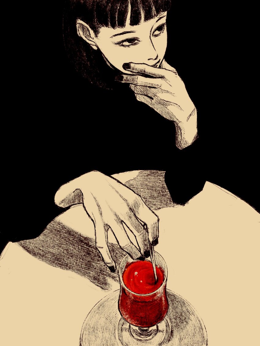 1girl blending cup elbows_on_table glass hand_on_own_face highres holding holding_spoon long_sleeves nail_polish original plate solo spoon spot_color stirring table tp_p_pt