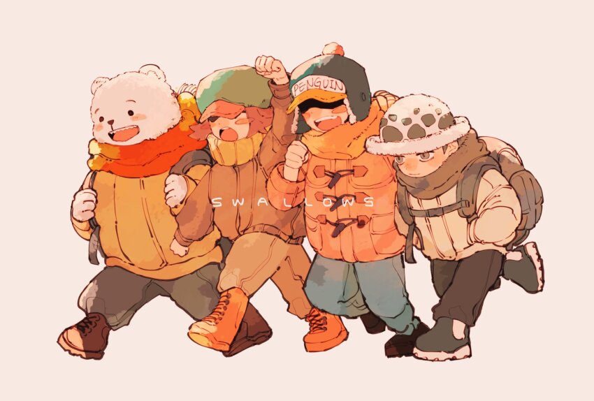 4boys aged_down akuta_ji arm_up bag bear bepo_(one_piece) blush blush_stickers brown_coat brown_scarf child coat commentary_request hands_in_pockets hat highres jumpsuit looking_ahead male_focus multiple_boys one_piece orange_coat orange_jumpsuit penguin_(one_piece) scarf shachi_(one_piece) shoulder_bag smile trafalgar_law walking