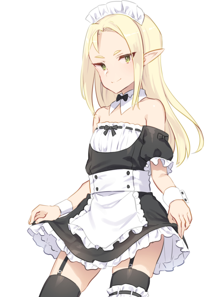 1boy akagi_kurage alternate_costume apron bishounen blonde_hair crossdressing crossdressing_(mtf) dress elf enmaided erik_burton green_eyes highres long_hair looking_at_viewer maid maid_apron maid_headdress male_focus pointy_ears pop-up_story simple_background skirt_hold smile solo trap waist_apron white_background
