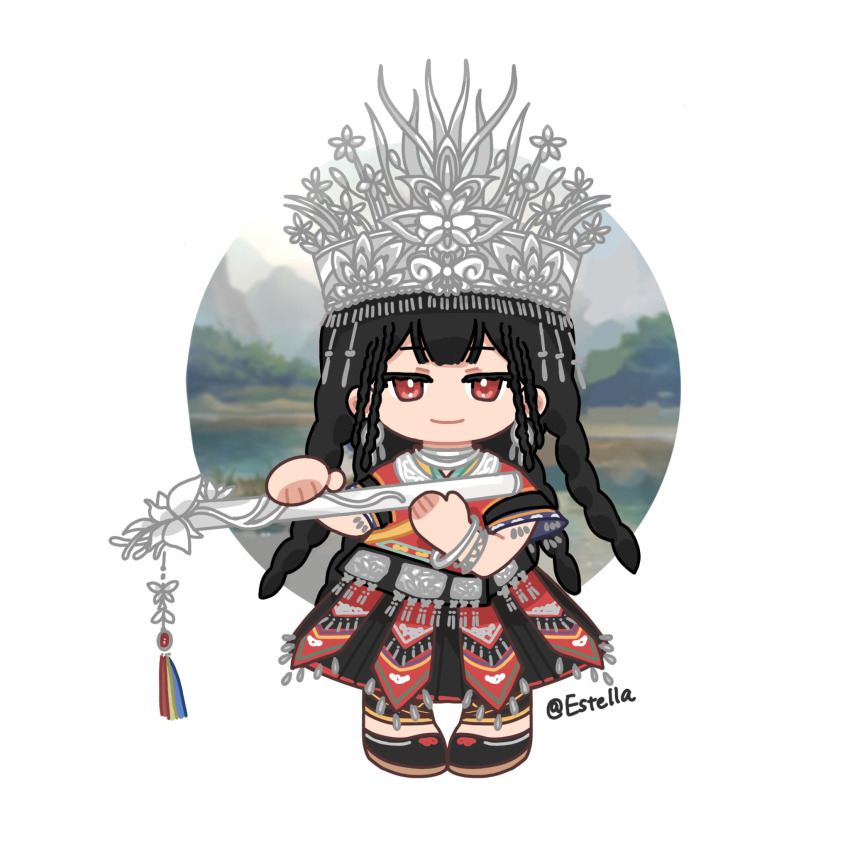 1girl black_hair black_shoes black_skirt blunt_bangs bracelet braid chibi chinese_clothes circle closed_mouth crown day earrings eeeestella flute forest fringe_trim happy highres holding holding_flute holding_instrument instrument jewelry lake long_hair looking_at_viewer medium_skirt mountain multiple_bracelets multiple_braids nature necklace nikki_(series) outdoors red_eyes red_maiden_(shining_nikki) red_shirt shining_nikki shirt shoes short_sleeves simple_background skirt smile solo standing straight-on very_long_hair white_background white_crown