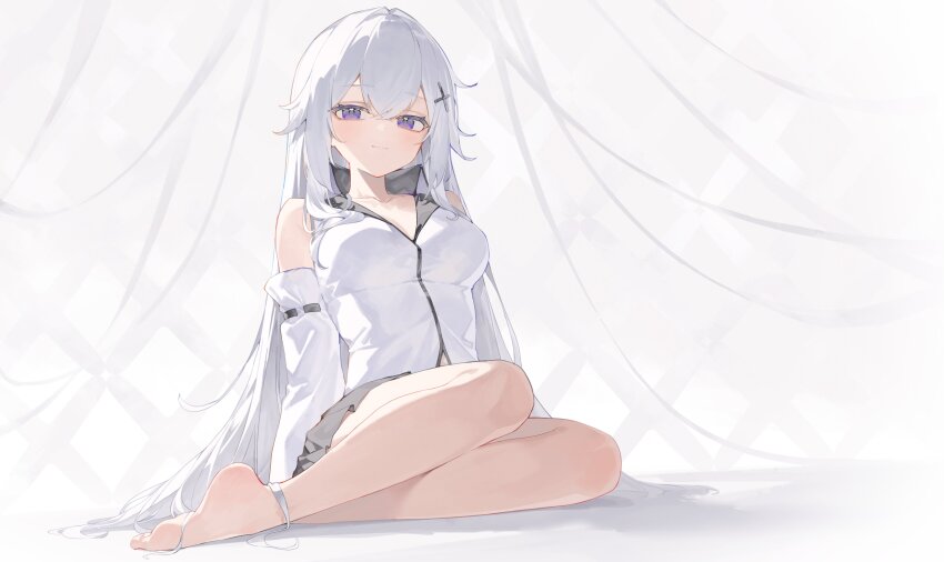 1girl absurdres barefoot closed_mouth highres kanase_(mcbrwn18) looking_at_viewer on_floor original sitting solo white_hair yokozuwari