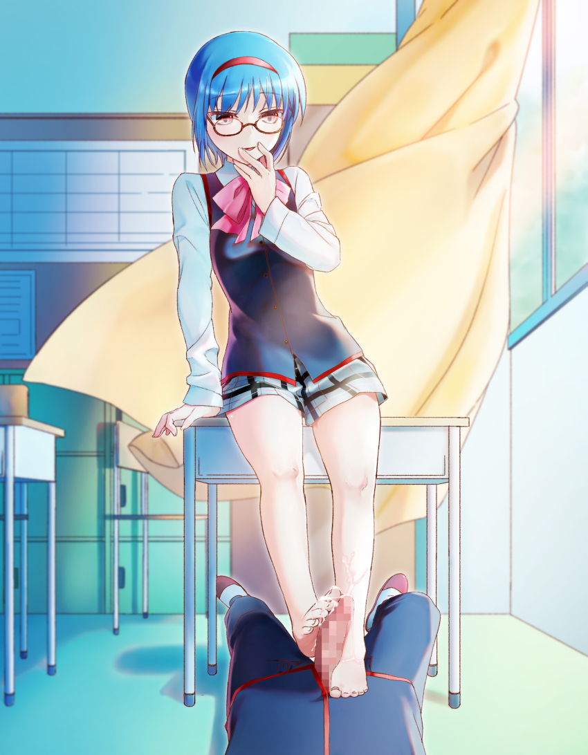 1boy 1girl absurdres arm_at_side arm_support bare_legs barefoot bespectacled black_vest blue_hair blush bow censored classroom commentary commission curtains desk erection feet finger_to_mouth footjob full_body glasses grey_skirt hair_between_eyes hairband hand_up highres large_variant_set legs little_busters! little_busters!_school_uniform long_sleeves looking_at_penis looking_down lying miniskirt mosaic_censoring natsuoto_rito nishizono_midori on_back open_mouth penis pink_bow plaid_clothes plaid_skirt red-framed_eyewear red_eyes red_hairband round_eyewear school_desk school_uniform shirt short_hair skeb_commission skirt smile solo_focus standing summer_uniform thighs toenails toes two-footed_footjob variant_set vest white_shirt wind