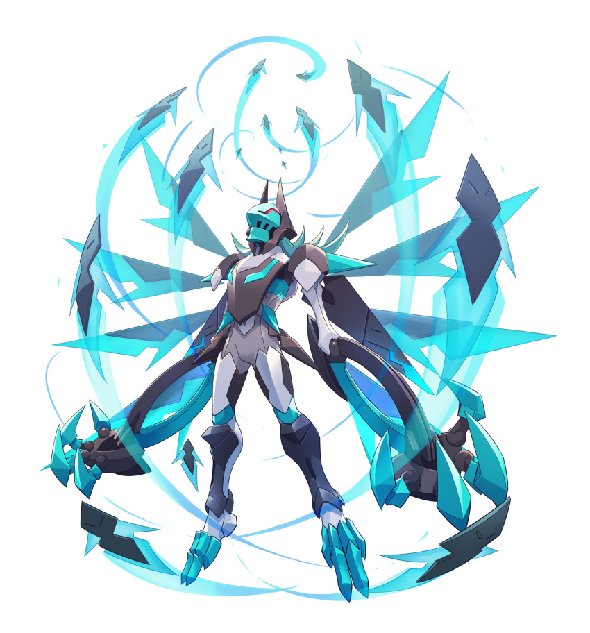 1boy aqua_helmet armor azure_striker_gunvolt azure_striker_gunvolt_3 b.b._(gunvolt) black_armor blue_hair full_body highres long_hair male_focus official_art red_eyes simple_background solo white_background