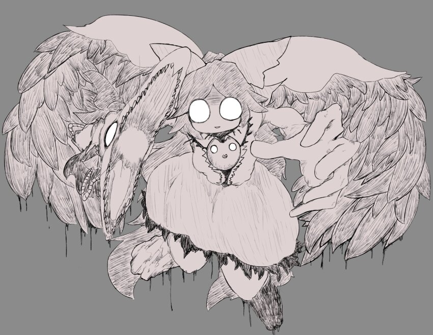 1girl anoponp cape cookie_(touhou) feathered_wings flying full_body greyscale hide_(acceed) highres japhet long_hair looking_at_viewer manatsu_no_yo_no_inmu monochrome nadeko_(cookie) o_o off_(game) offside:_diyusi open_mouth reiuji_utsuho shirt simple_background skirt smile solo touhou wings