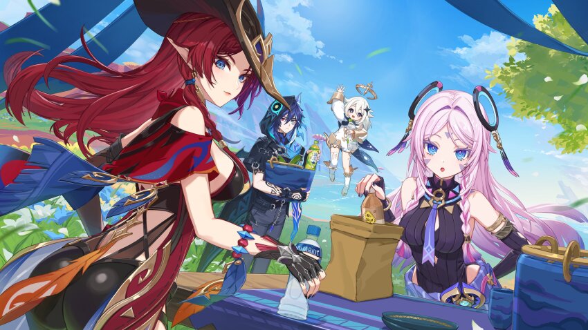 1boy 3girls absurdres asymmetrical_gloves bare_shoulders black_gloves black_leotard blue_eyes blue_sky boots breasts capelet chasca_(genshin_impact) citlali_(genshin_impact) closed_mouth cloud elbow_gloves facial_mark fingerless_gloves floating_hair flying forehead_mark genshin_impact gloves halo highres leotard long_hair looking_at_viewer multiple_girls ororon_(genshin_impact) outdoors paimon_(genshin_impact) parted_lips pink_hair pink_pupils pointy_ears red_hair sideboob single_thighhigh sky thighhighs triangle triangle_facial_mark uneven_gloves white_boots white_hair white_thighhighs yu-ri_(arium047)