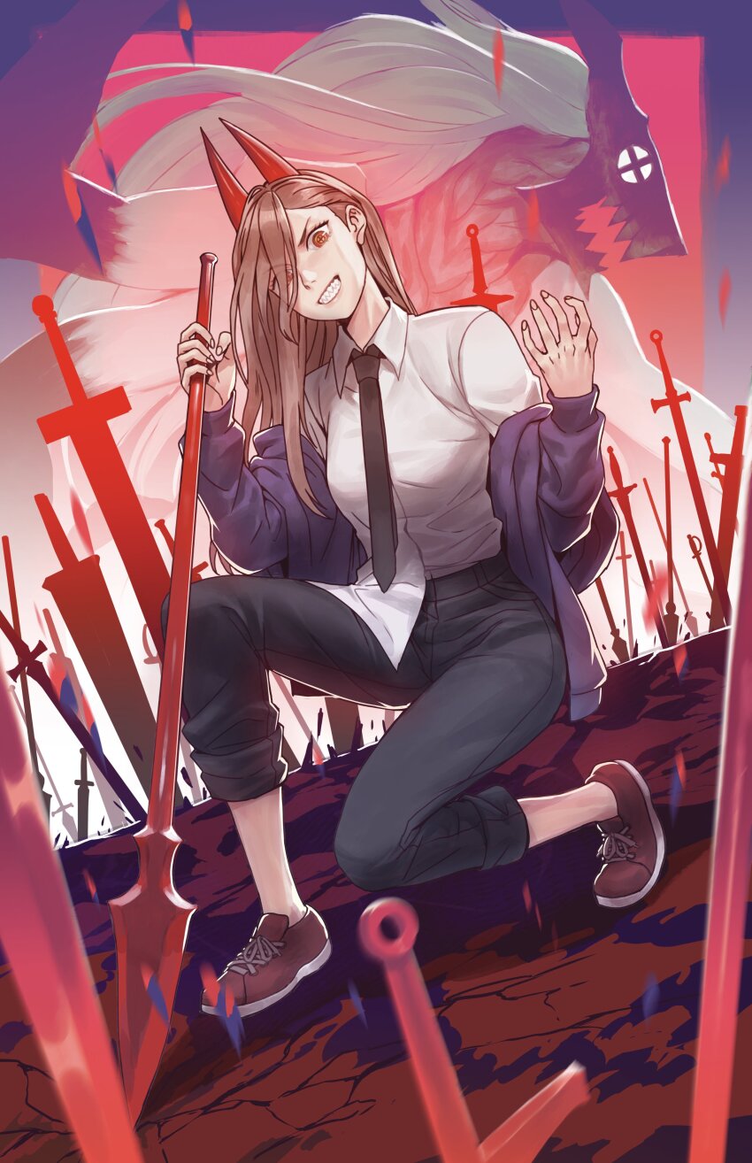 1girl absurdres black_necktie black_pants blonde_hair blood_devil_(chainsaw_man) breasts chainsaw_man collared_shirt colored_extremities commentary cross-shaped_pupils demon_girl demon_horns extra_arms extra_hands field_of_blades greatsword hair_between_eyes highres holding holding_polearm holding_weapon horns huge_weapon intestine_clothing intestines jacket jacket_partially_removed kneeling long_hair looking_at_viewer monster_girl multiple_swords multiple_weapons necktie organs pants pants_rolled_up planted planted_sword planted_weapon polearm power_(chainsaw_man) radiostarkiller red_horns red_shoes sharp_teeth shirt shirt_partially_tucked_in shoes smile sneakers spear sword symbol-only_commentary symbol-shaped_pupils teeth weapon white_shirt yellow_eyes