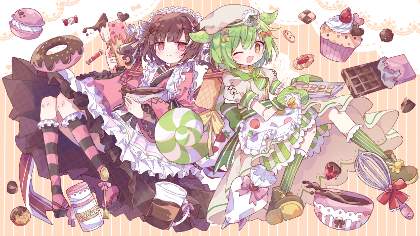 2girls absurdres baking_sheet bowl candy candy_cane chocolate chocolate_bar cookie cream cupcake donut food fruit futaba969649 green_hair highres looking_at_viewer maid maid_headdress multiple_girls one_eye_closed oven_mitts oversized_food oversized_object parted_lips smile spatula spoon strawberry granulated_sugar sweetie_kitchen_show_time!!_(voiceroid) touhoku_kiritan voiceroid wa_maid whisk yellow_eyes zundamon